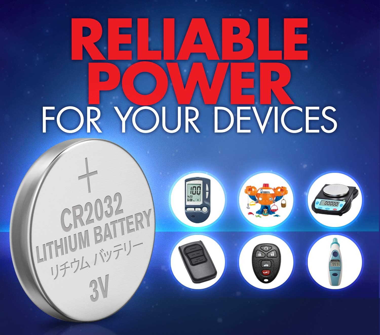 CR2032 battery with icons of various small electronic devices it powers