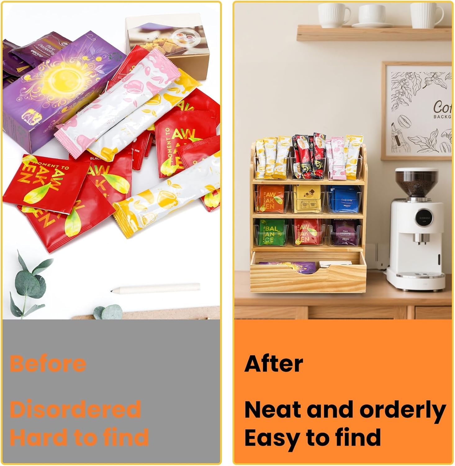 4 Tier Wood Tea Bag Organizer, 15"x12.3"x4.5" Vertical Tea Storage Holder, Teabag Station Stand with 9 Plastic Box, Tea Packet Rack with Slide Drawer, Teabag Cabinet Shelf for Sugar and Creamer