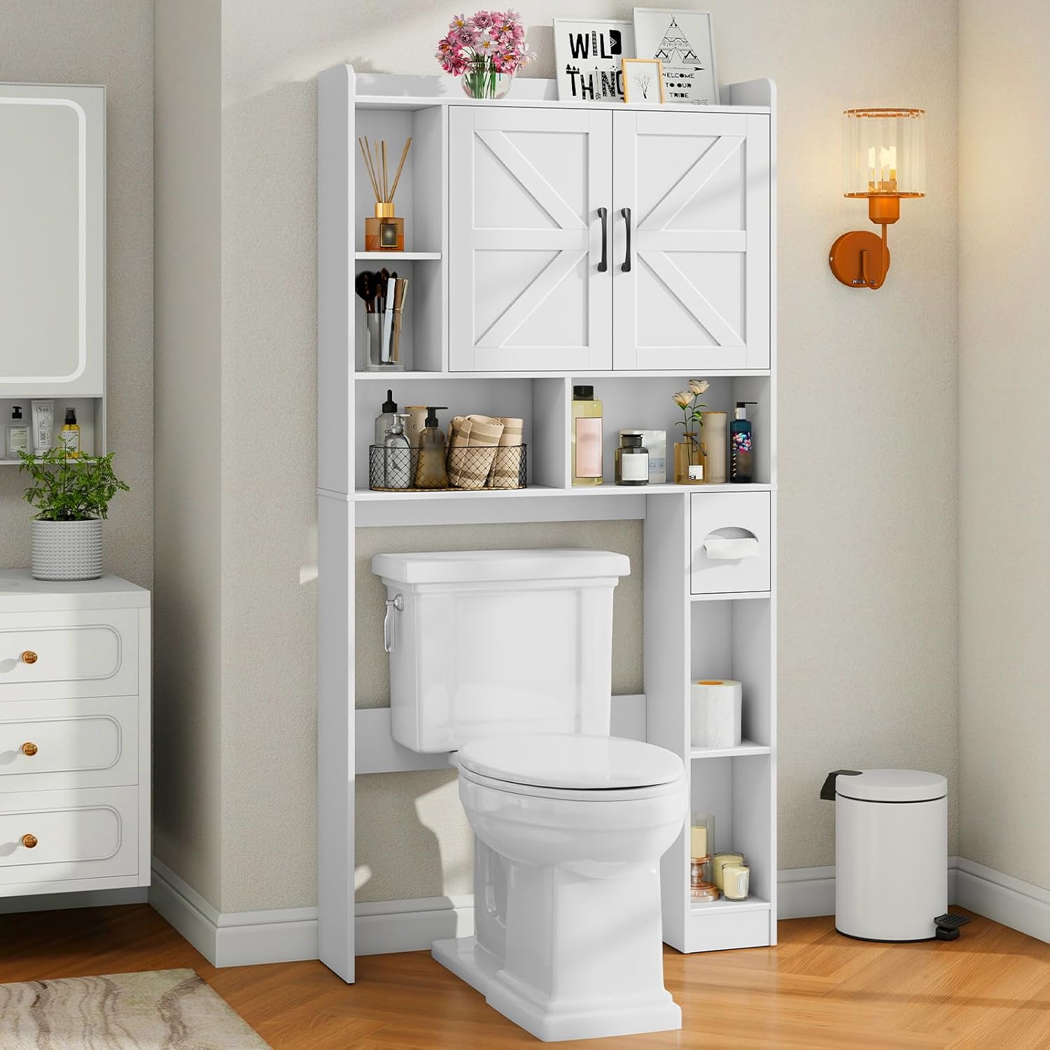 Vabches Over The Toilet Storage Cabinet, Farmhouse Storage Cabinet Over Toilet with 2 Barn Door & Toilet Paper Holder Stand，Home Space-Saving Toilet Rack, for Bathroom, Restroom, Laundry