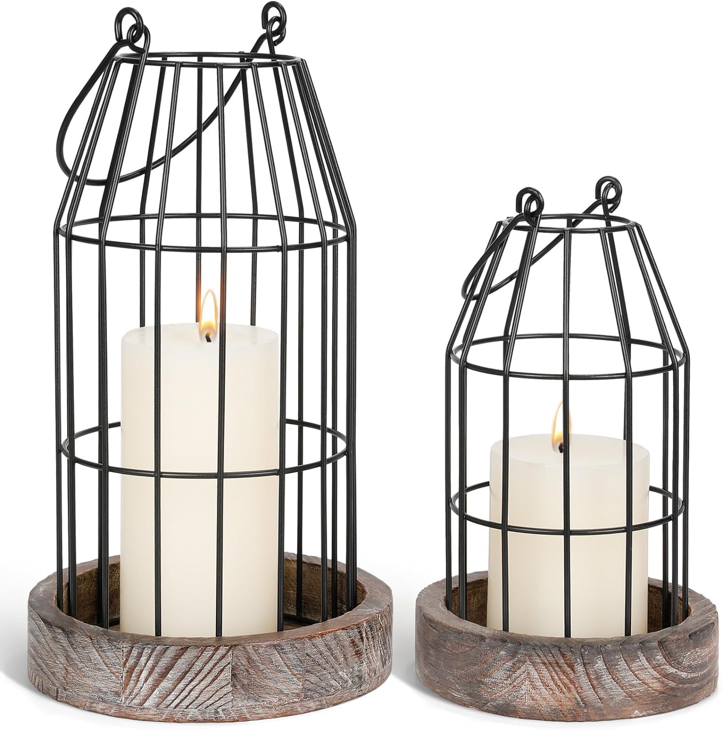 Rustic Farmhouse Lantern Decor Set of 2, Candle Lantern Decorative, Wire Metal Cloche Stylish Decorative Candle Holders for Indoor Outdoor Mantle Entryway Living Room Fireplace, Black
