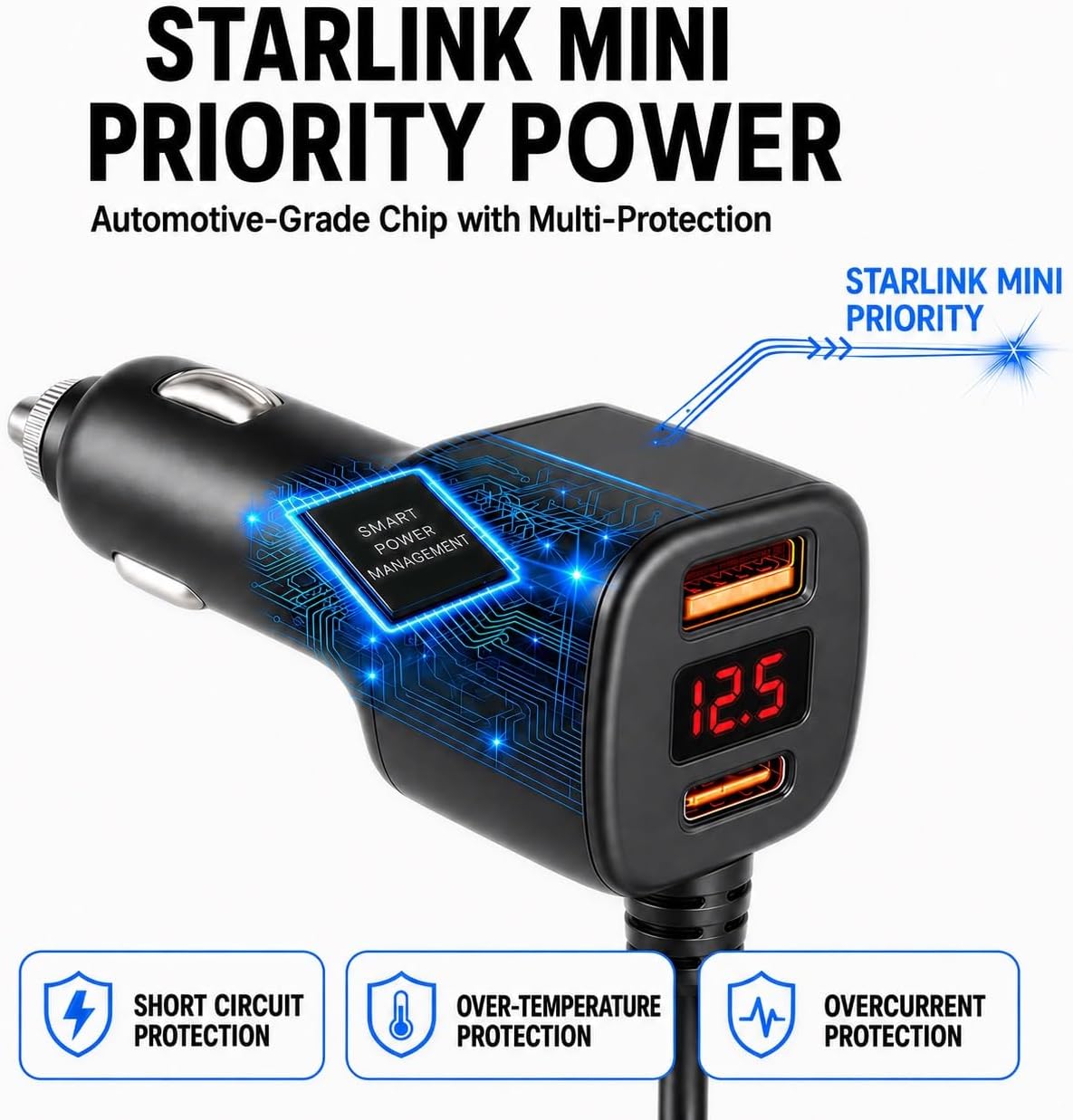 3-in-1 Starlink Mini Car Adapter, 105W Boost Car Charger, Dual USB, Display