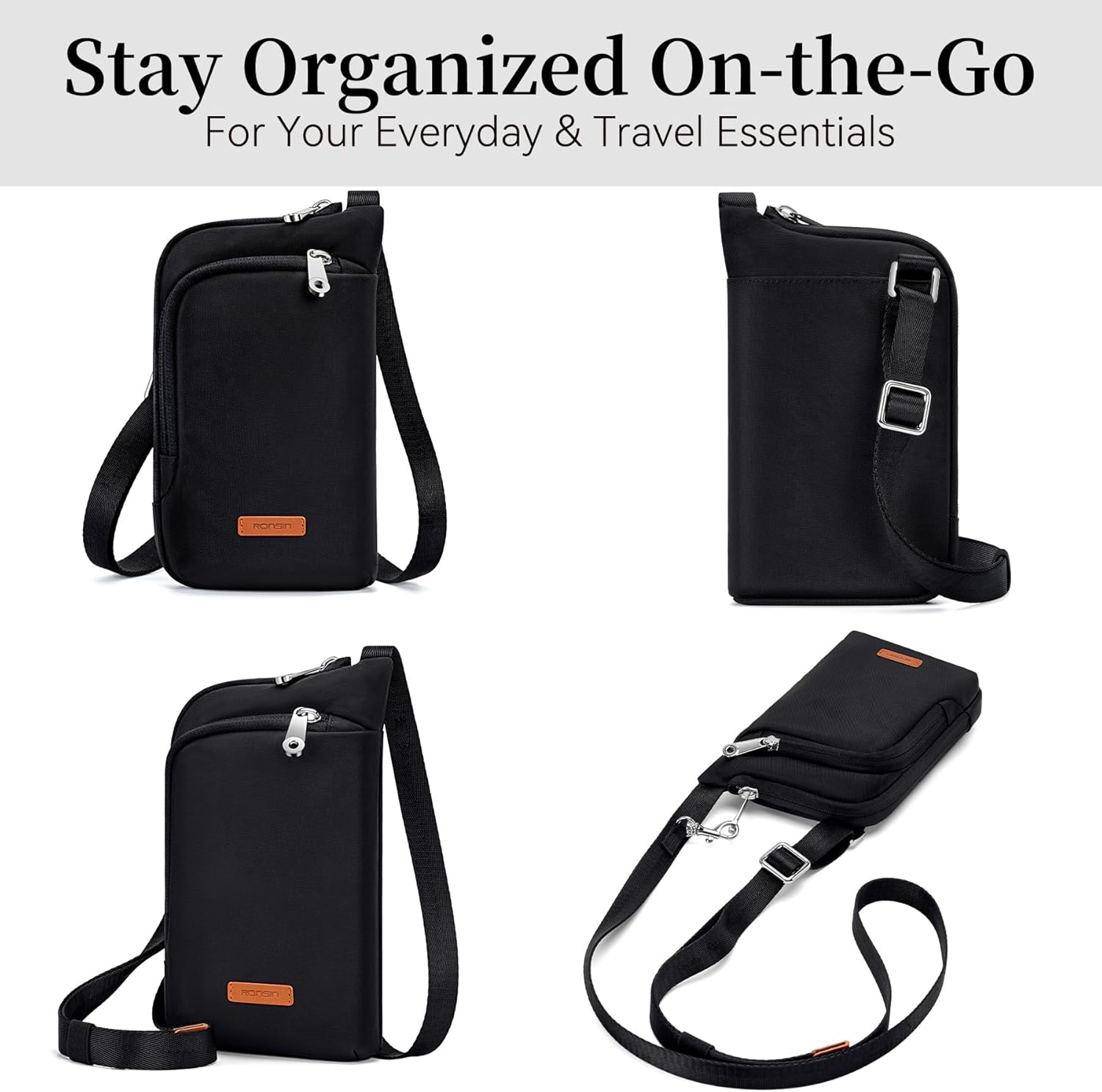 RONSIN Anti Theft Nylon Crossbody Bag Cell Phone Purses Wallet Travel Pouch Shoulder Strap with Locking Zipper