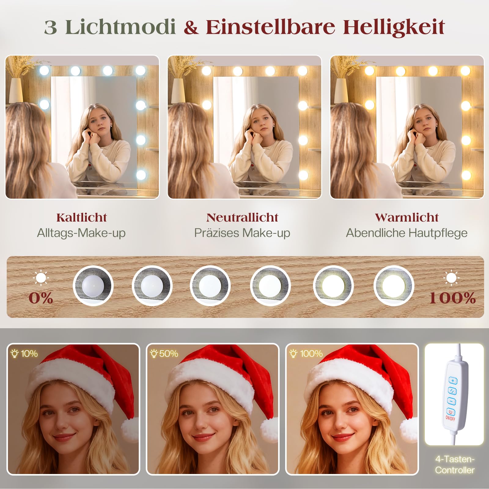 LUXOAK Schminktisch mit Spiegel & 10 LED-Lampen, Großer Frisiertisch mit Glasplatte & Steckdose, 7 Schubladen & Föhnhalterung, Moderner Kosmetiktisch für Schlafzimmer, Eiche