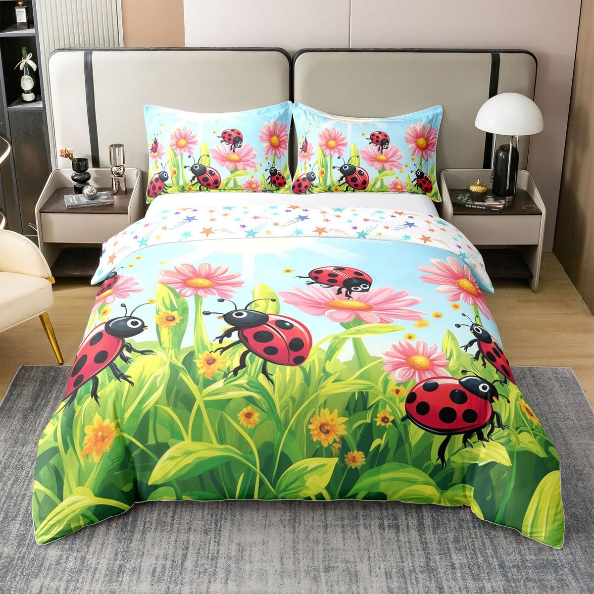 Homewish Set di biancheria da letto con copripiumino singolo a sette pois, 100% cotone, motivo coccinella, per bambini, ragazzi, ragazze, sole, floreale, botanico, verde, rosso, morbido e comodo