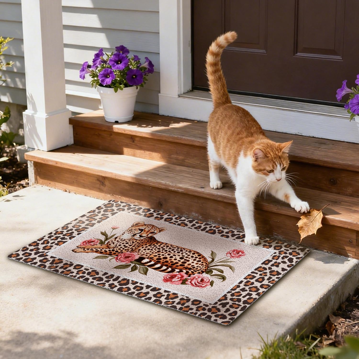 Pink Floral Cheetah Welcome Door Mat,Coquette Leopard Print Mats for Home Outdoor Indoor Entrance,Aesthetics Cheetah Leopard Print Doormat for Front Door Porch,17x30 Inches
