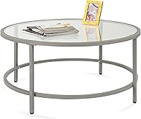 Best Choice Products 36in Gray Round Tempered Glass Coffee Table - Modern Metal Frame Side Table for Living Room, Easy Assembly