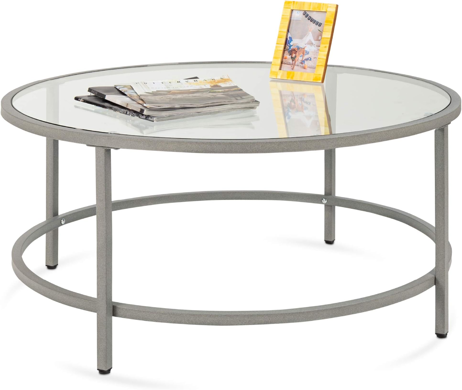 Best Choice Products 36in Modern Round Tempered Glass Accent Side Coffee Table for Living Room, Dining Room, Tea, Home Décor w/Metal Frame, Non-Marring Foot Caps - Gray