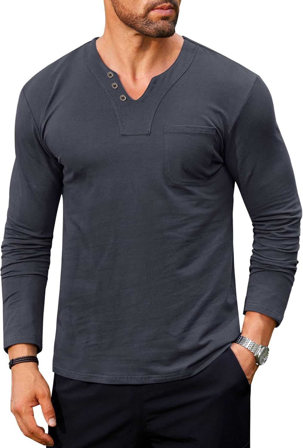 Mens V Neck Shirts Long Sleeve Casual Soft Cotton Slim Fit T-Shirt (S-XXL)