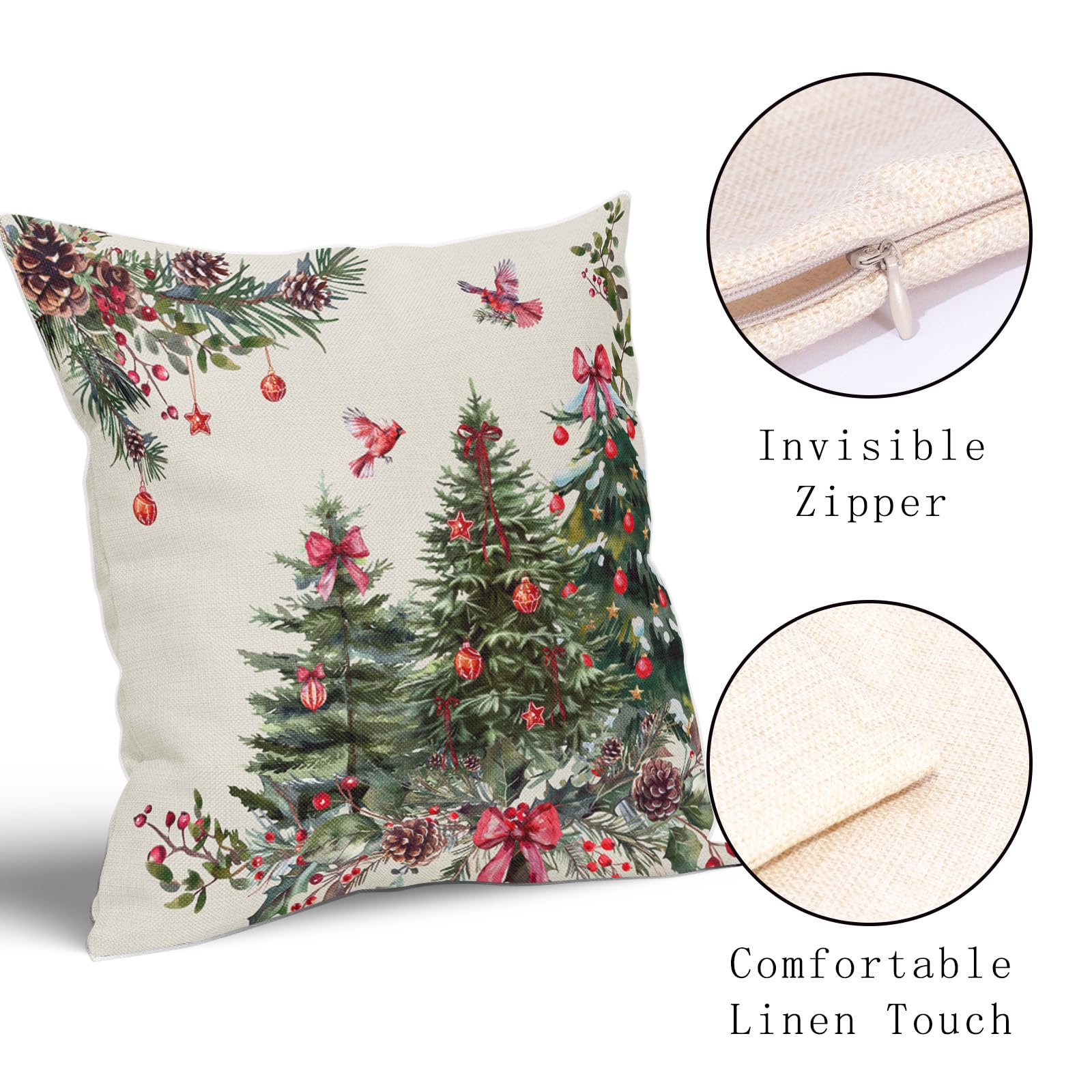 Cuscini Natalizi Per Letto Federe Cuscini Natale Con Albero - Set Di 2, 40x40 Cm, Lino Cotone, Rosso E Beige - Decorazioni Natalizie Per Divano, Casa Set Federe Cotone Lino