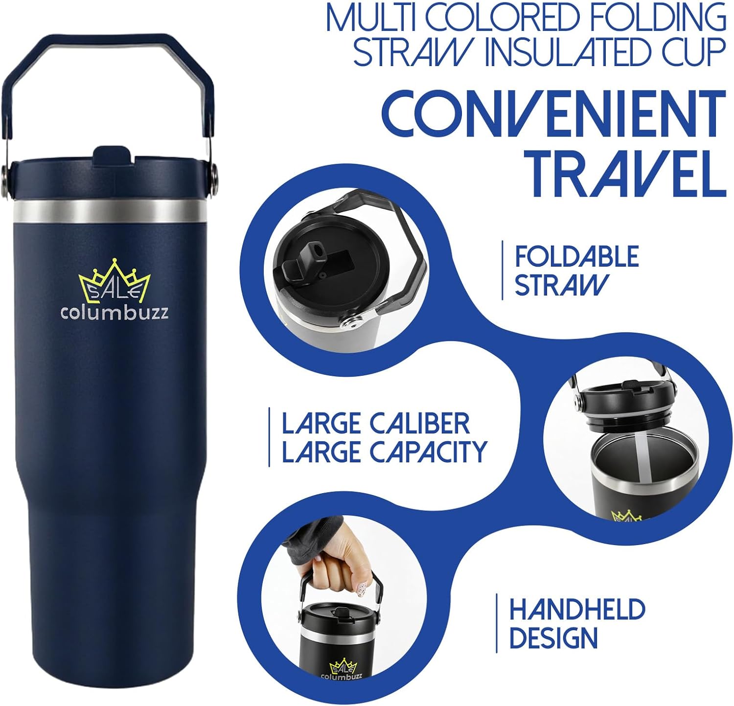 30oz Insulated Stainless Steel Tumbler with Leak-Proof Spout Lid & Straw With handle- Double Wall Vacuum Mug for Coffee, Travel Cup, Bottle for Men, Women, Kids, Gifts, Office, Gym, School (Blue)