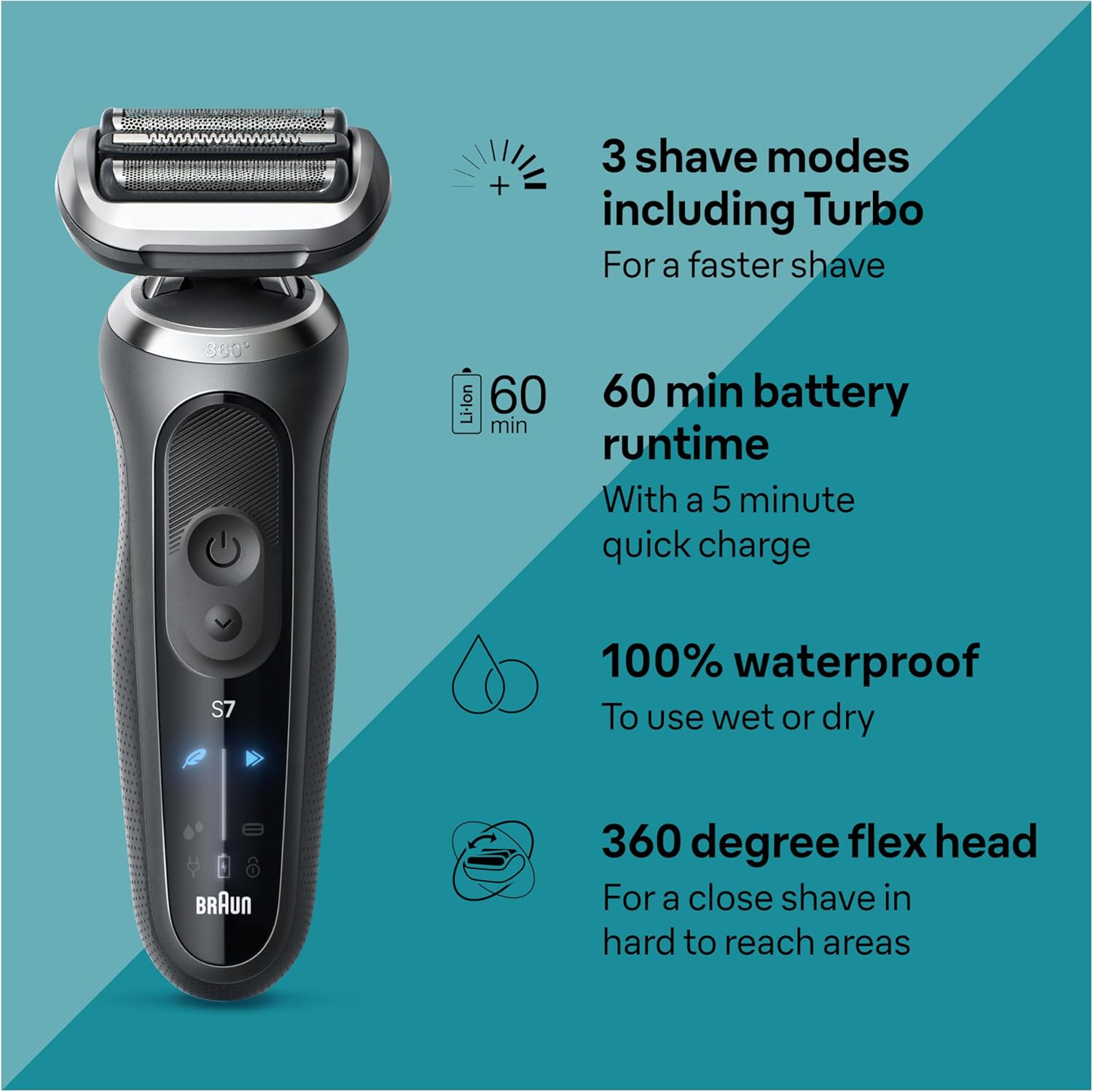Braun Electric Shaver for Men, Series 7 7127cs, Wet & Dry Shave, Turbo & Gentle Shaving Modes, Waterproof Foil Shaver, Engineered in Germany, with Beard Trimmer, Charging Stand, Space Grey - Image 3