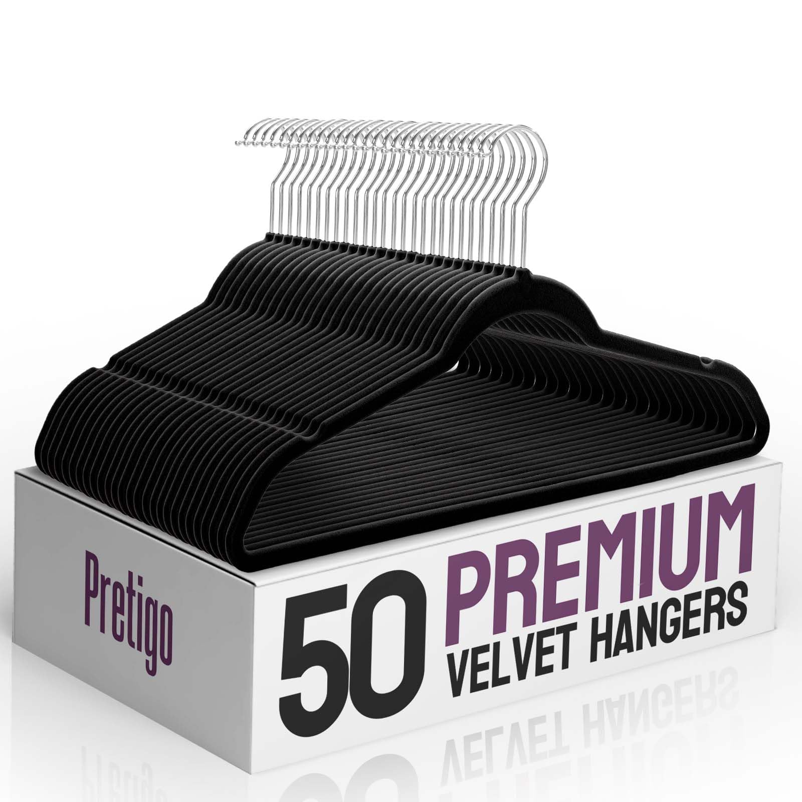 PretigoPremium Velvet Hangers 50 Pack, Non-Slip Clothes Hangers Black, Space-Saving Velvet Clothes Hangers for Coats, Pants & Dress, Sturdy Heavy Duty Felt Hangers 360° Swivel Hook, Elegant Wardrobe