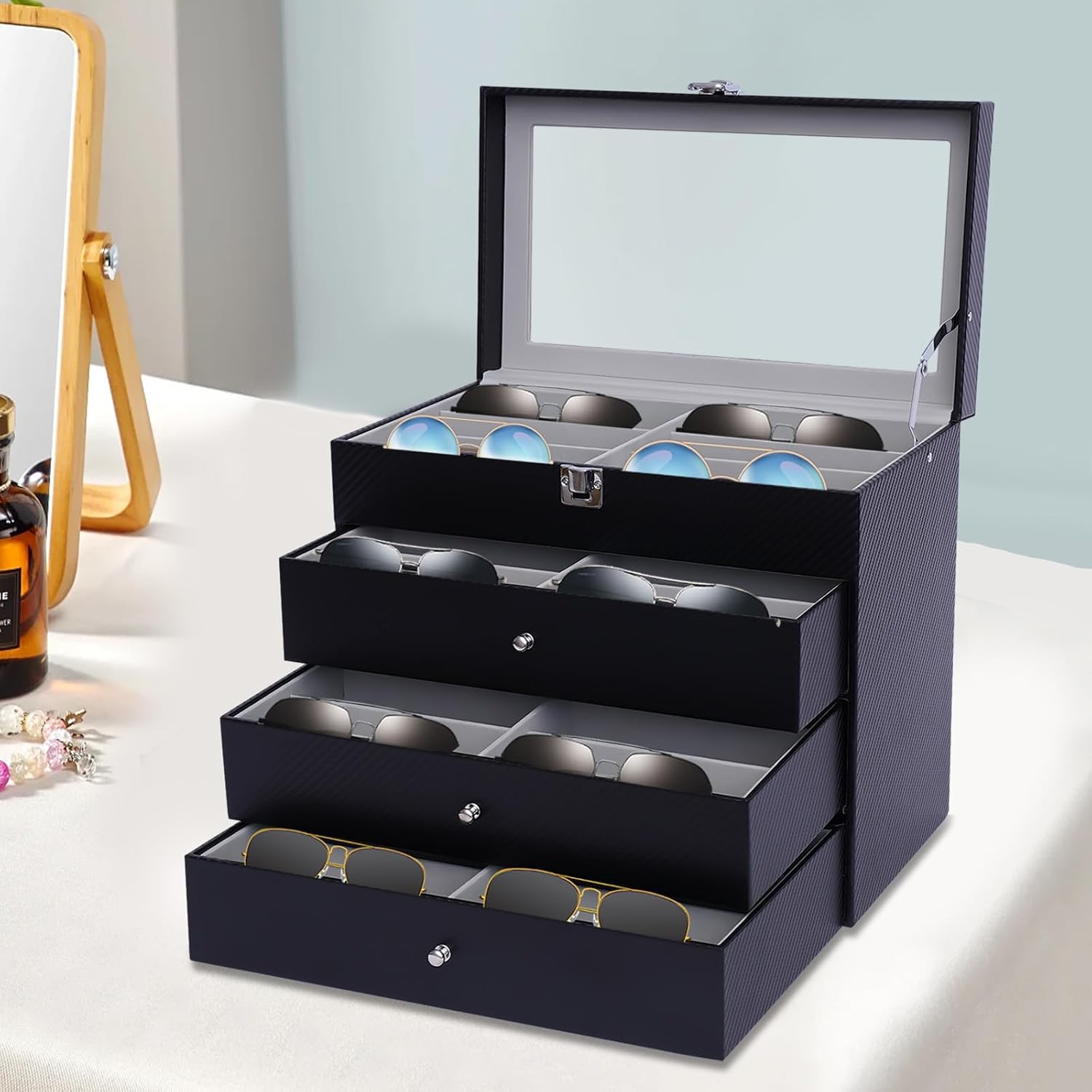 Leather 24 Piece Eyeglasses Storage，Sunglass Glasses Display Drawer，Fashion Home Lockable Case Organizer，Full Pull-out Drawer for Storing Glasses, Sunglasses, Bracelets, Watches