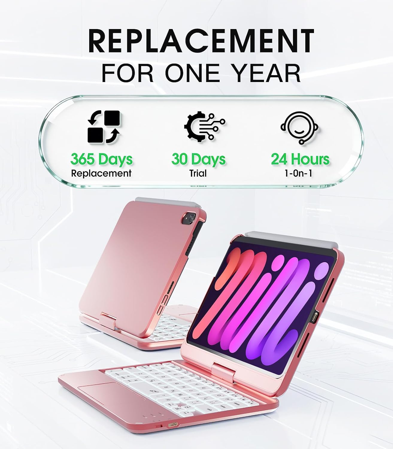 BABG Keyboard Case for iPad Mini 7 (A17 Pro, 2024) & Mini 6 (8.3 Inch) - 360° Rotatable & 180° Flip Stand with Multi-Touch Trackpad, 7-Color Backlit Wireless Keyboard Cover, Rechargeable Battery, Pink