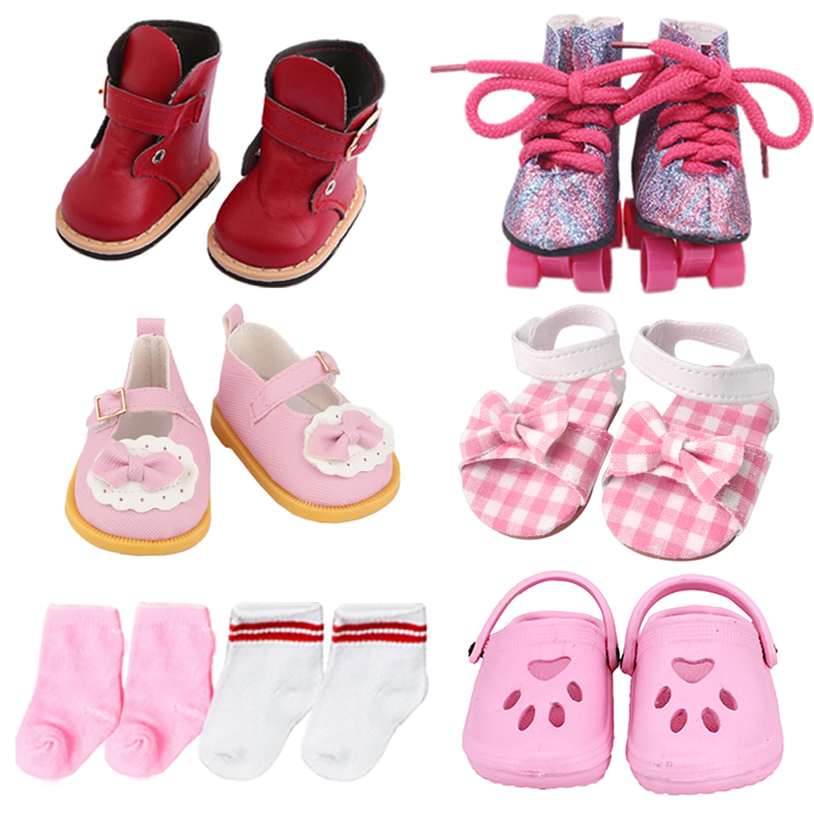 Zapatos de muñeca de 18 pulgadas – 5 pares de diferentes tipos (botas/patines/sandalias/zuecos) + 2 pares de calcetines rosa/blanco de 18 pulgadas accesorios para muñecas de 18 pulgadas, accesorios de