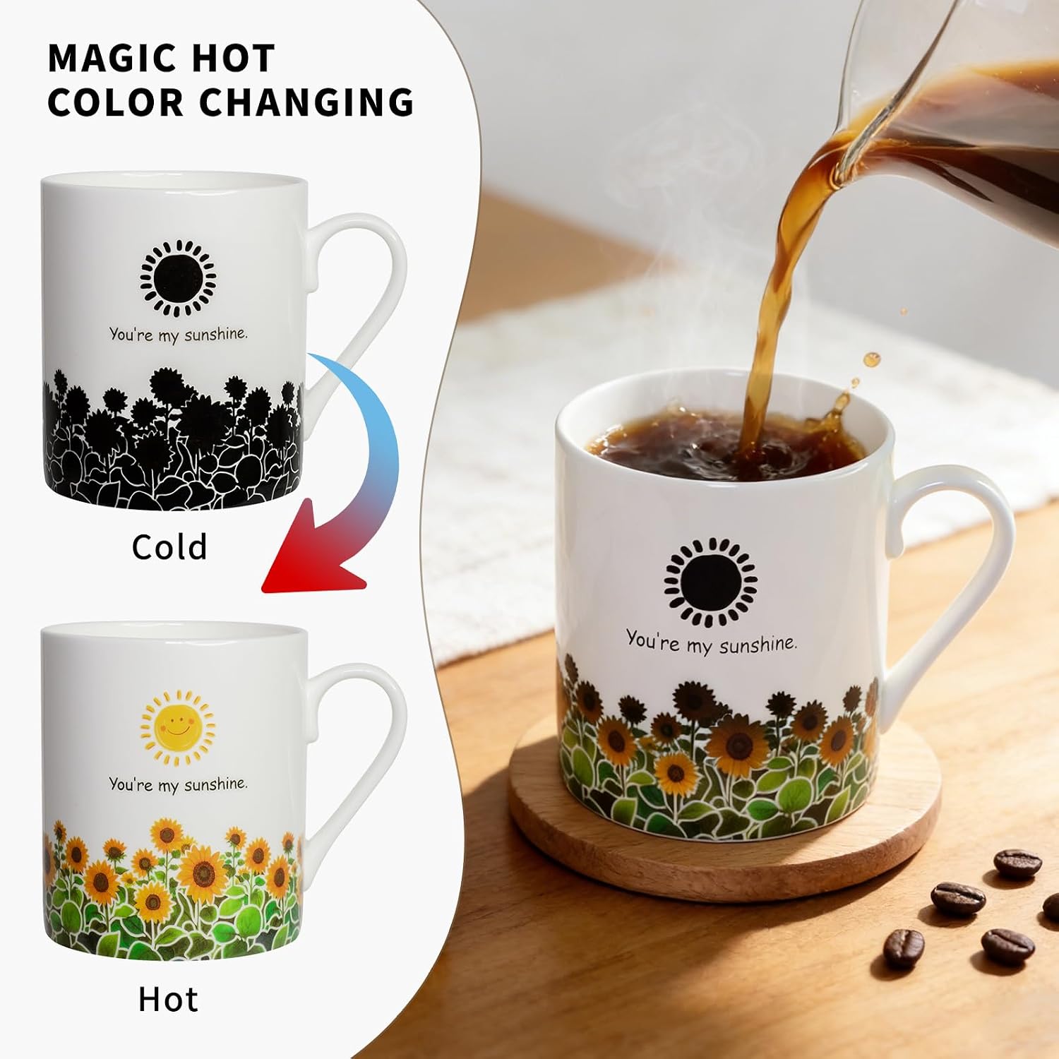 Sunflower Heat Color Changing Coffee Mug - 12 oz Ceramic Cup Gift for Best Friends & Family.