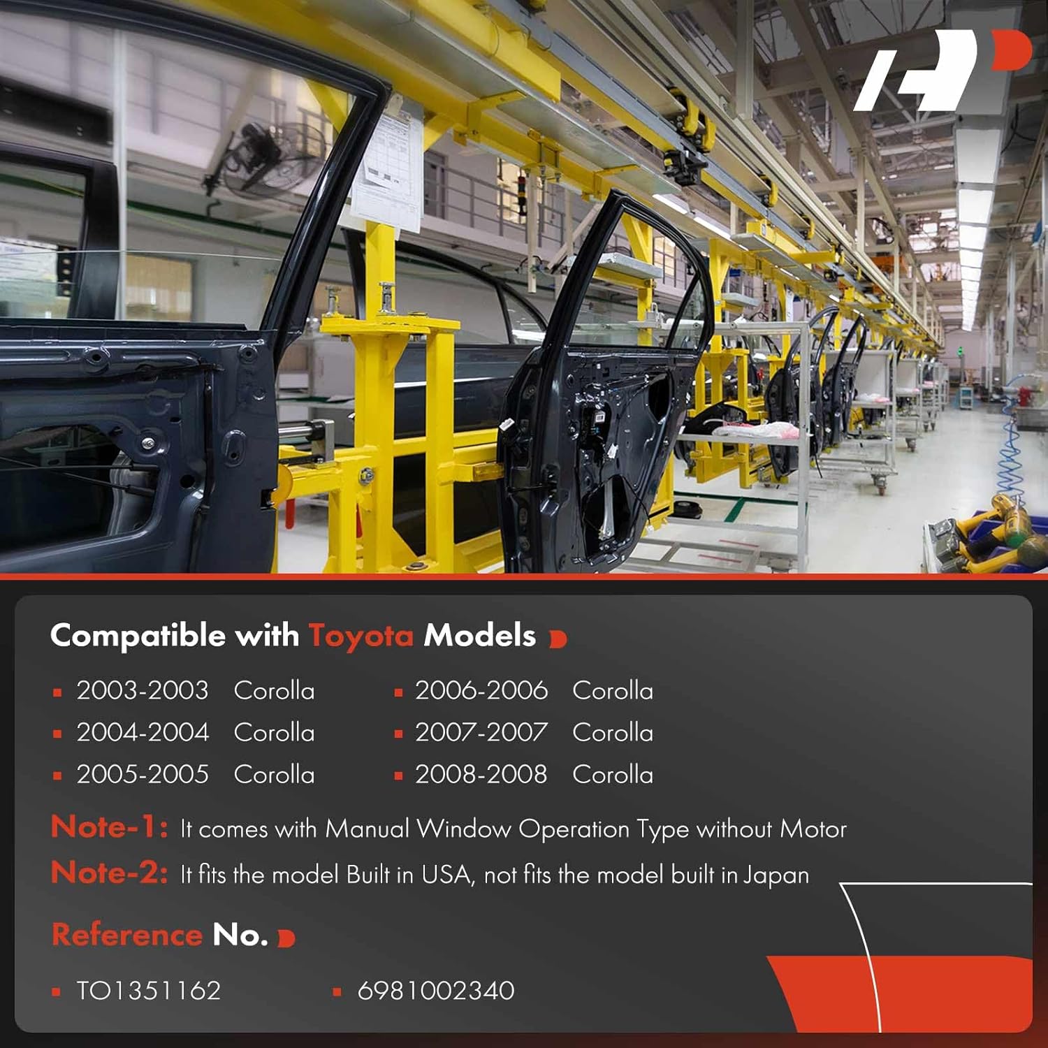 A-Premium Manual Window Regulator Front Passenger Side Compatible with Toyota Corolla 2003-2008, Built in USA only