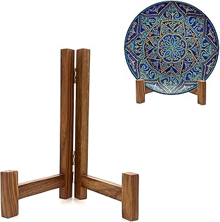 Mency Direct Plate Stands for Display, 7 Inch Plate Holders for Displaying, Rustic Solid Wood Tabletop Saucer Rack, Folding Picture Frame Holder Easel