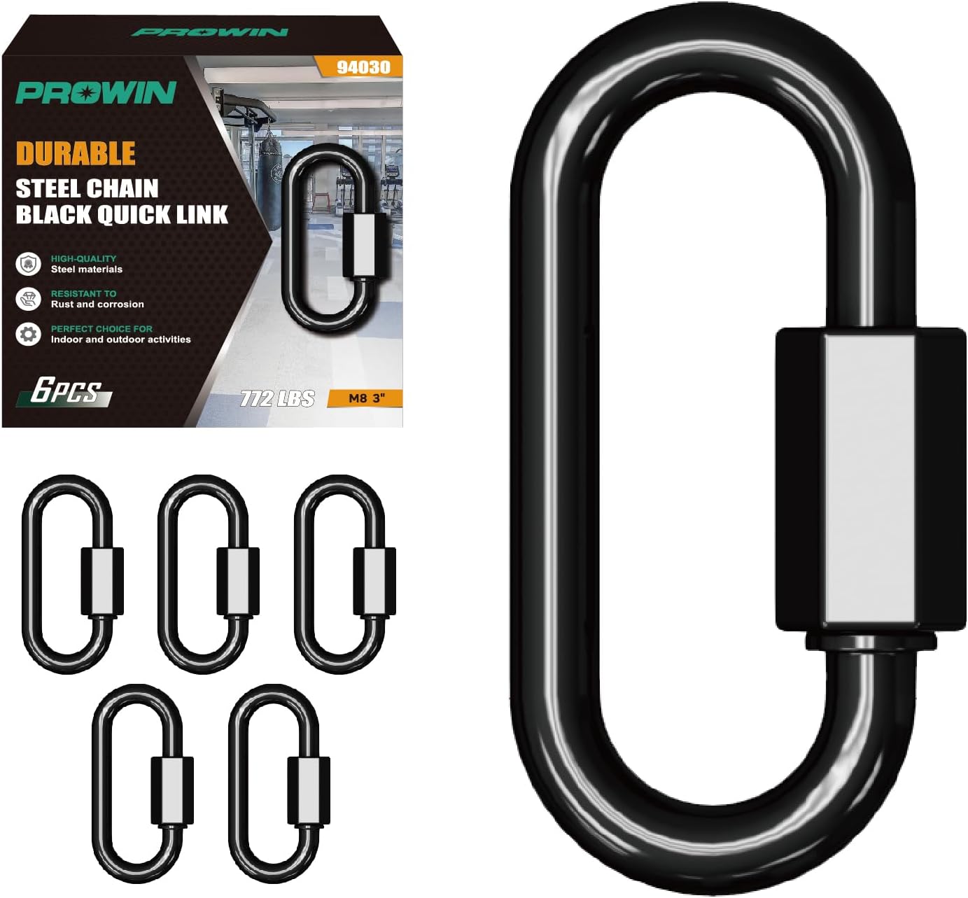 PROWIN Quick Link Connectors, Heavy Duty Screw Steel Chain Locking Carabiner for Towing, Rigging, Camping, Fence, Swings and Outdoor