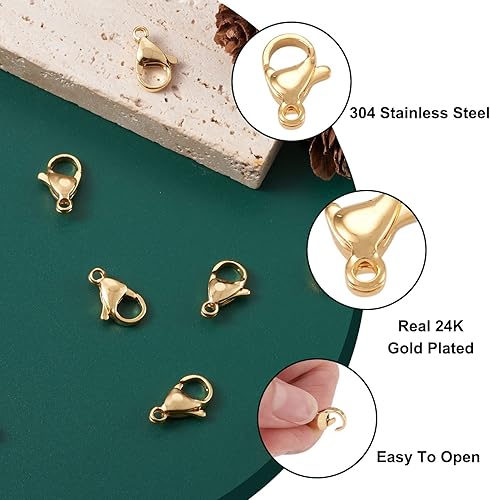 Vista 62 de Pandahall - 100 cierres de pinza de langosta de acero inoxidable, joyería de oro real de 24 quilates, cierre de langosta de 2 colores, cierre