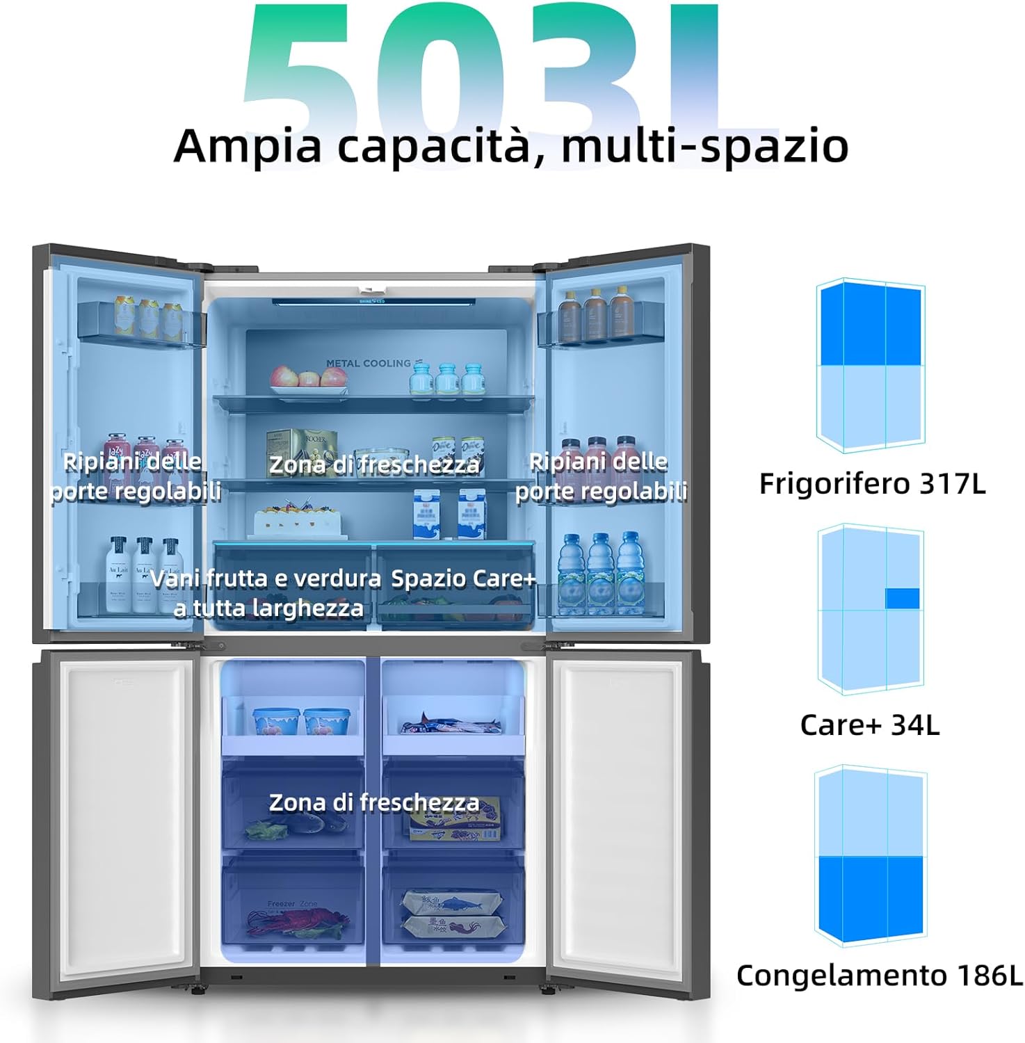 CHiQ CCD503NEIBE Refrigerator interior layout with capacities