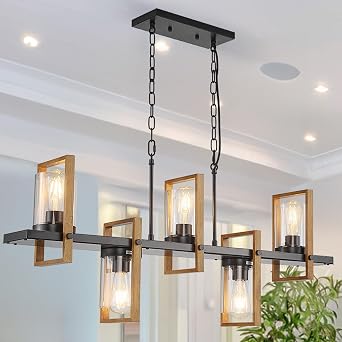Dining Room Light Fixture/Chandelier Over Table, 5-Light Kitchen Island Lighting, Farmhouse Chandeliers for Dining Room, Matte Black and Wooden framework Ceiling Pendant Light, With Glass Shade