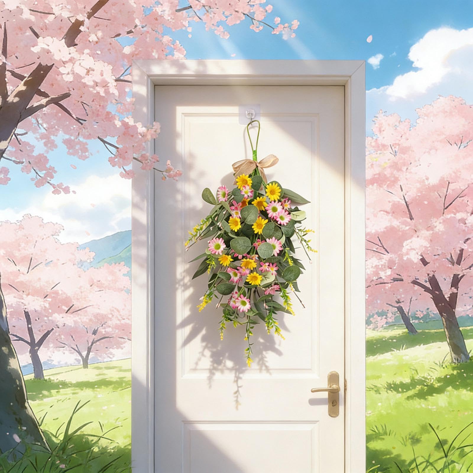 Couronne de Printemps Artificielle En Forme de Larme, à Suspendre à La Porte, avec Un Nœud En Toile de Jute. Construction En PVC pour Une Texture Réal