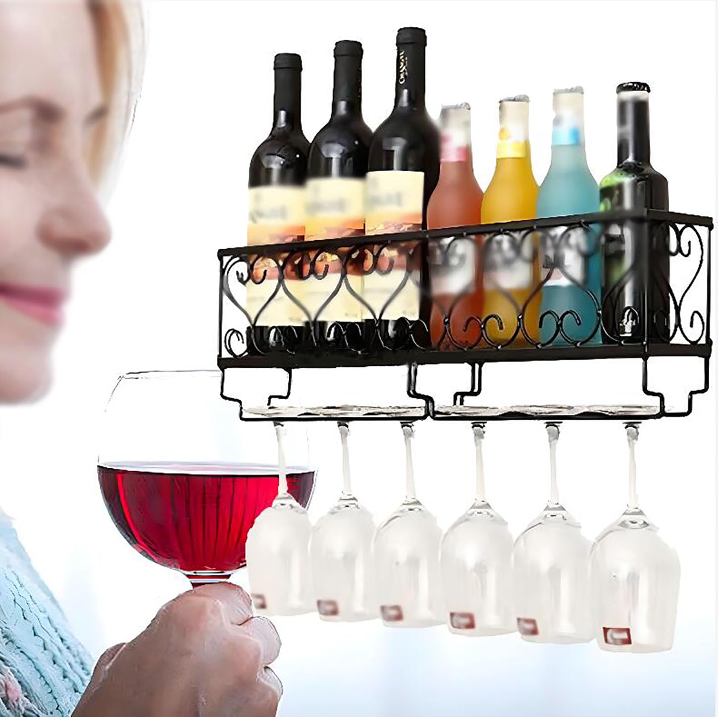 ICEMOB Botellero Vino con Copas Colgantes,6 Botella Botellero Pared Metal,Profesional Vinotecas/Almacenar Botellas,Muebles Bar para Salon,50 * 10 * 17Cm