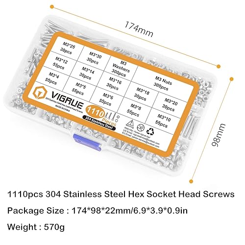 Miniatura 7 de VIGRUE Juego de tornillos de cabeza hexagonal M3, 1110 piezas, M3 x 4568101214161820251.181 in, juego surtido de tornillos de acero inoxidable con