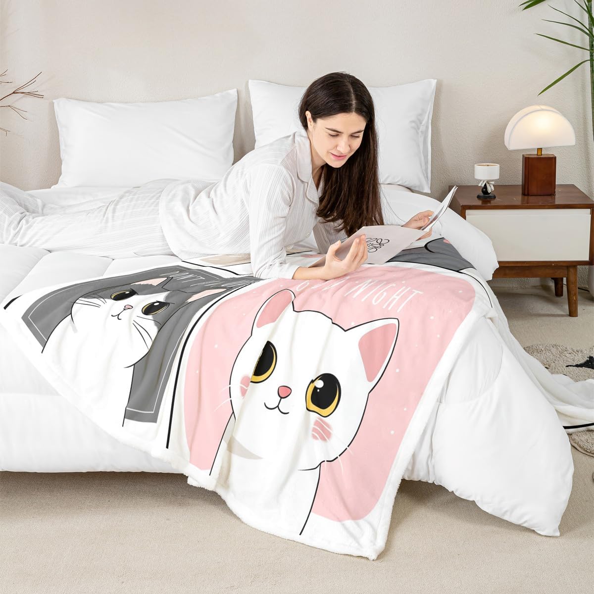 Erosebridal Kawaii Cats Throw Blanket Queen 90"X90" Pink Grey Cute Little Cat Plush Blanket Adorable Animal Sherpa Blanket for Kids Boys Girls Patchwork Cartoon Doodle Fleece Blanket for Bed Sofa