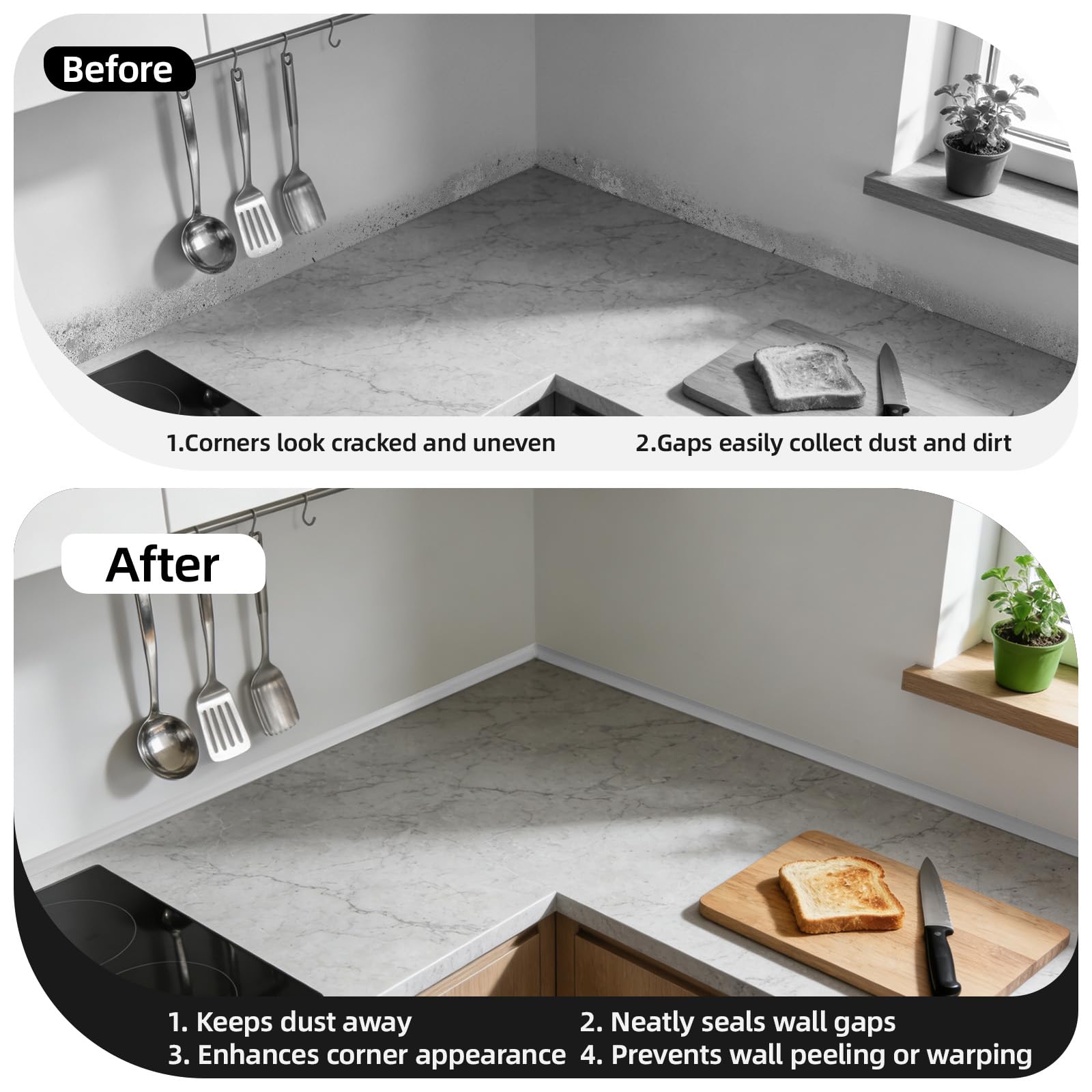 3,05m Mouldura Flexible Autoadhesiva en Silicona, Mouldura en Forma de L para Esquinas, Bisel para Suelos, Escaleras, Baño, Encimera, Armarios, Blanco