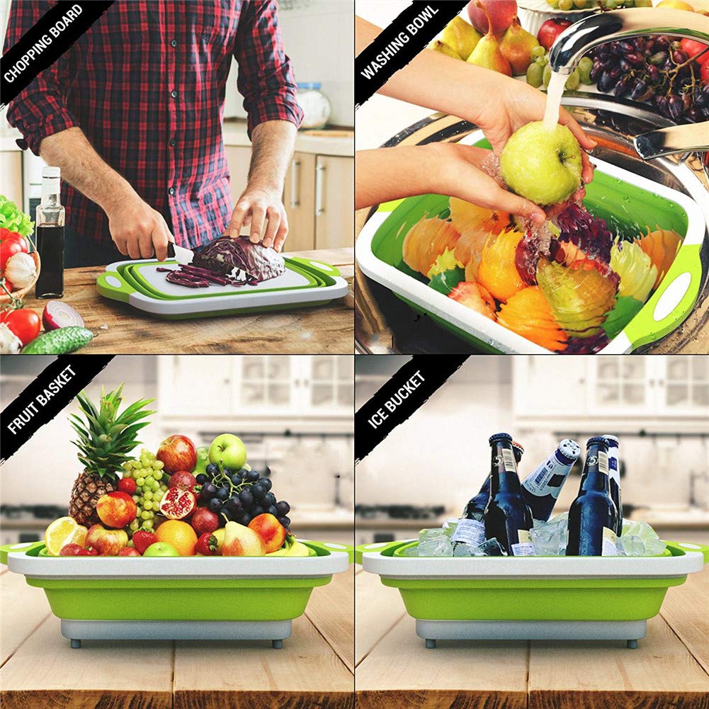 Planche à Découper Pliable 3 en 1 Panier à Multifonction Panier de Drainage pour Les Cuisines,Les Voyages,Le Camping(Vert)-Fei Yu