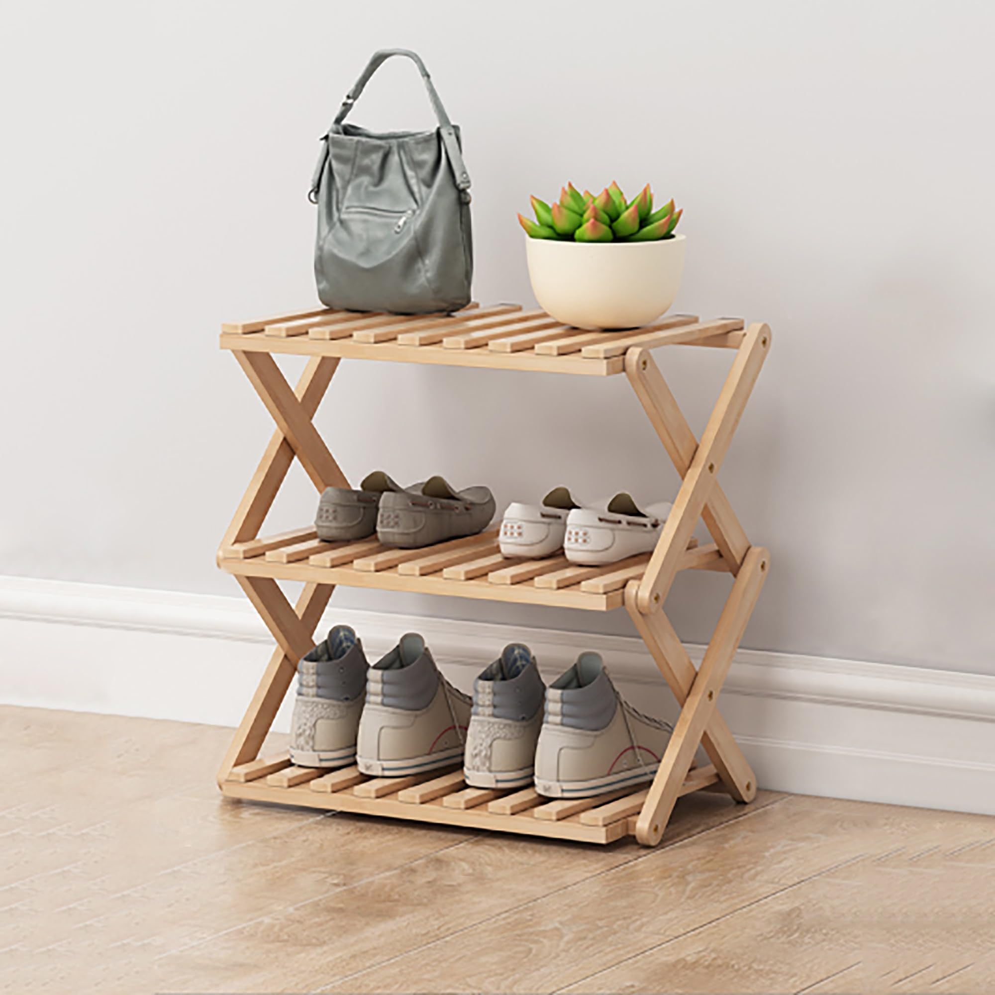 Generico Scarpiera Pieghevole in bambù, a più Livelli per Risparmiare Spazio, Adatta per casa e dormitorio (Beige, 50 * 25 * 47 cm)