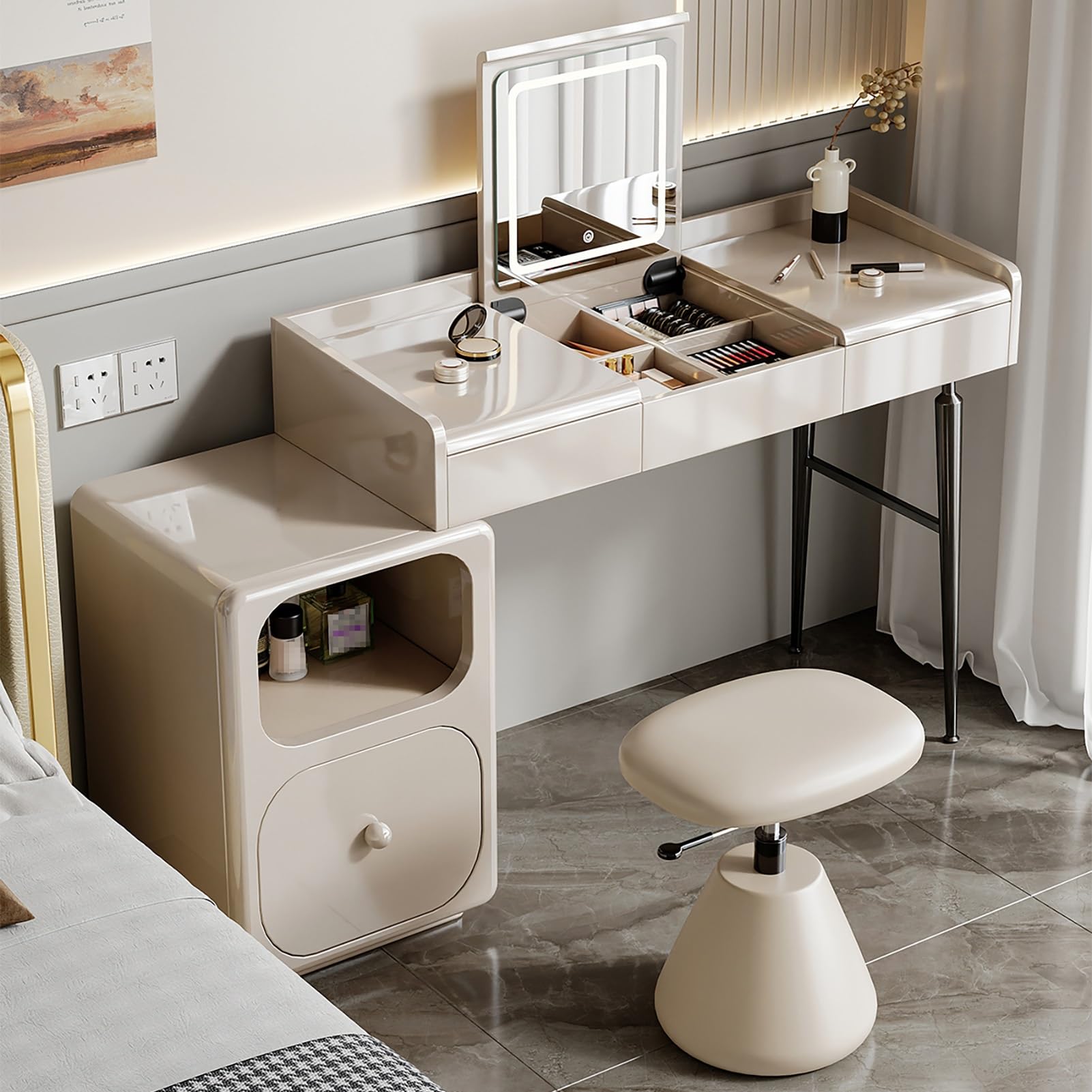 CGCSYZ Makeup Vanity Table, Vanity Makeup Desk with Flip Top LED Mirror, 3-color Dimmable, Women Dressing Table, Vanity Set with Liftable Stool, Makeup Table with Flexible Side Cabin(39.3in/100cm)