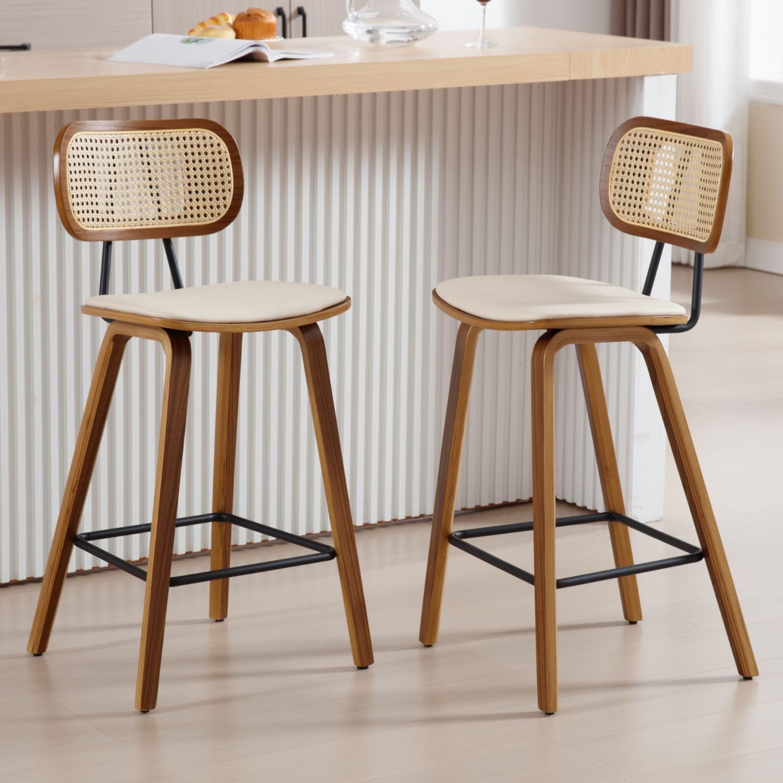 Taburetes de Bar Maderas Juego de 2 Sillas Altas con Respaldo Rattán,Taburetes de Cocina Tapizando en Cojín de PU Sillas de Mostrador Rústicas para Hogar/Restaurante