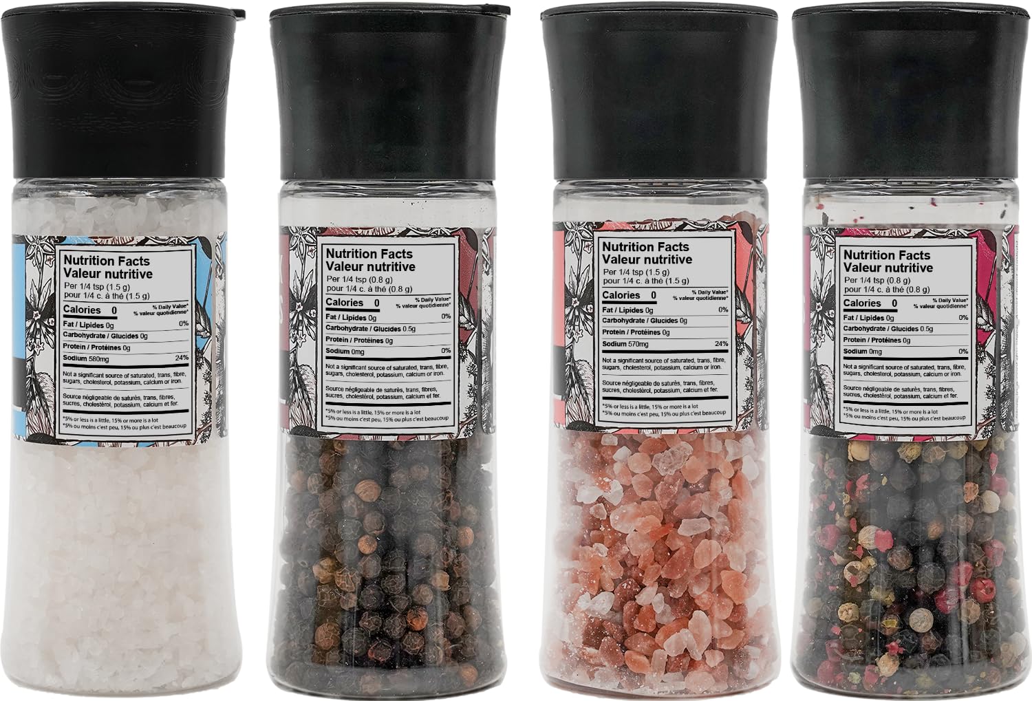 Soeos Grani di pepe nero + sale marino bianco + grani di pepe arcobaleno + sale rosa, 277,82 g totale spezie, macinino in plastica con spezie incluse, set sale e pepe, set macinino, set spezie.