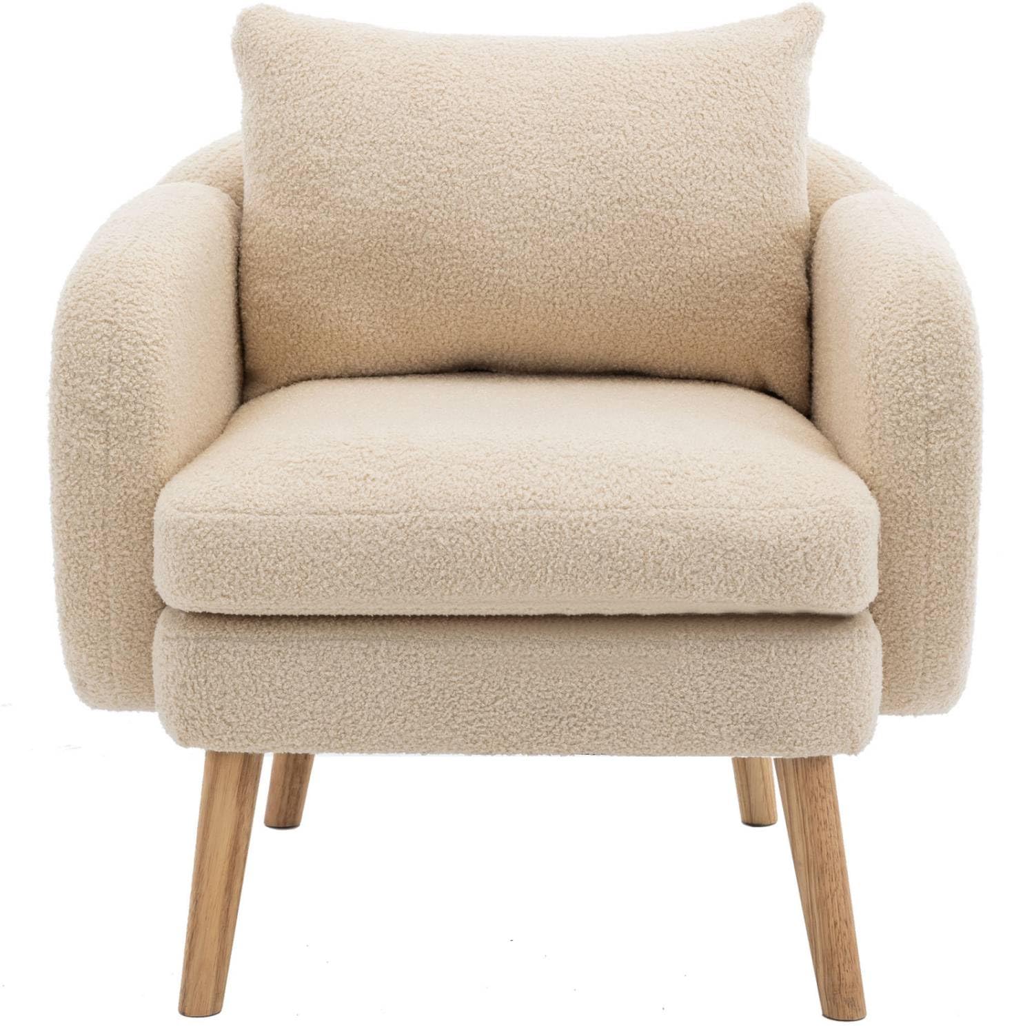 Moderne eenvoudige teddy fluwelen stoel met kussen, massief houten stoel, 75 x 69 x 71cm, massief houten frame, enkele stoel voor woonkamer en slaapkamer (beige