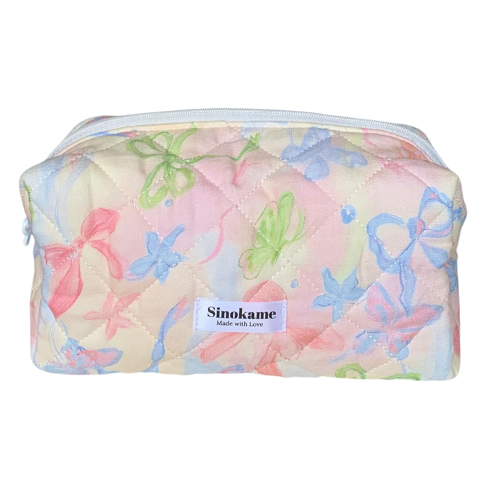 SINOKAME Cotton Quilted Makeup Bag Small, Bow Coquette Aesthetic Cosmetic Bag Case Travel Storage Skincare Bag Brush Organizer for Women,Coquette Girl