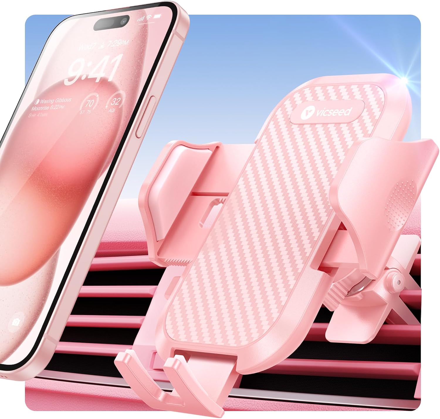 VICSEED Pink Phone Holder for Your Car [ Sturdy & Secure ] Air Vent Phone Mount for Car Hands Free Easy Clamp Cradle in Vehicle for iPhone Samsung Android Smartphone, Pink Car Accessories