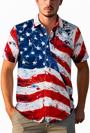 Yoimira 4th of July Shirts for Men,Patriotic Grunge Concept USA Flag Button-Down Casual Short Sleeve Hawaiian Shirts for Men