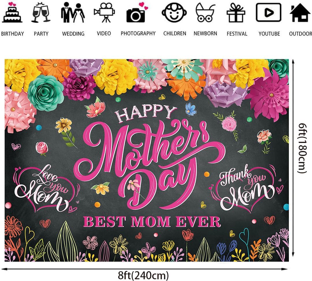 Happy Mother's Day Backdrop for Photography 8x6FT Colorful Flowers Paper Best Mom Ever Banner Background Mother Day Party Decorations Supplies Photo Props
