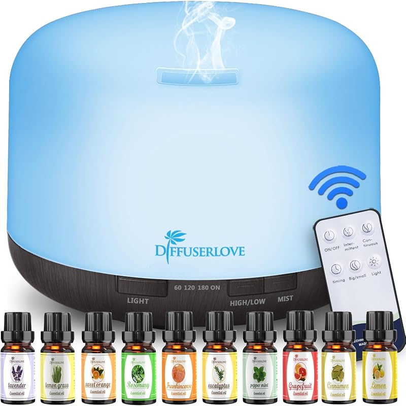 Difusor de aceites esenciales Difusor de aromaterapia de 500 ml, humidificadores de niebla, difusores de luces LED de 7 colores para el dormitorio de la oficina en el hogar (tamaño: 6,7 pulgadas de largo x 6,7 pulgadas de ancho x 4,7 pulgadas de alto)