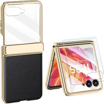 Leather Case for Motorola Razr 50 Ultra with Built-in Screen Protector & Hinge Protection , Ultra Thin Luxury PU Leather & Plating Frame Shockproof Protective Cover for Motorola Razr+ 2024Black