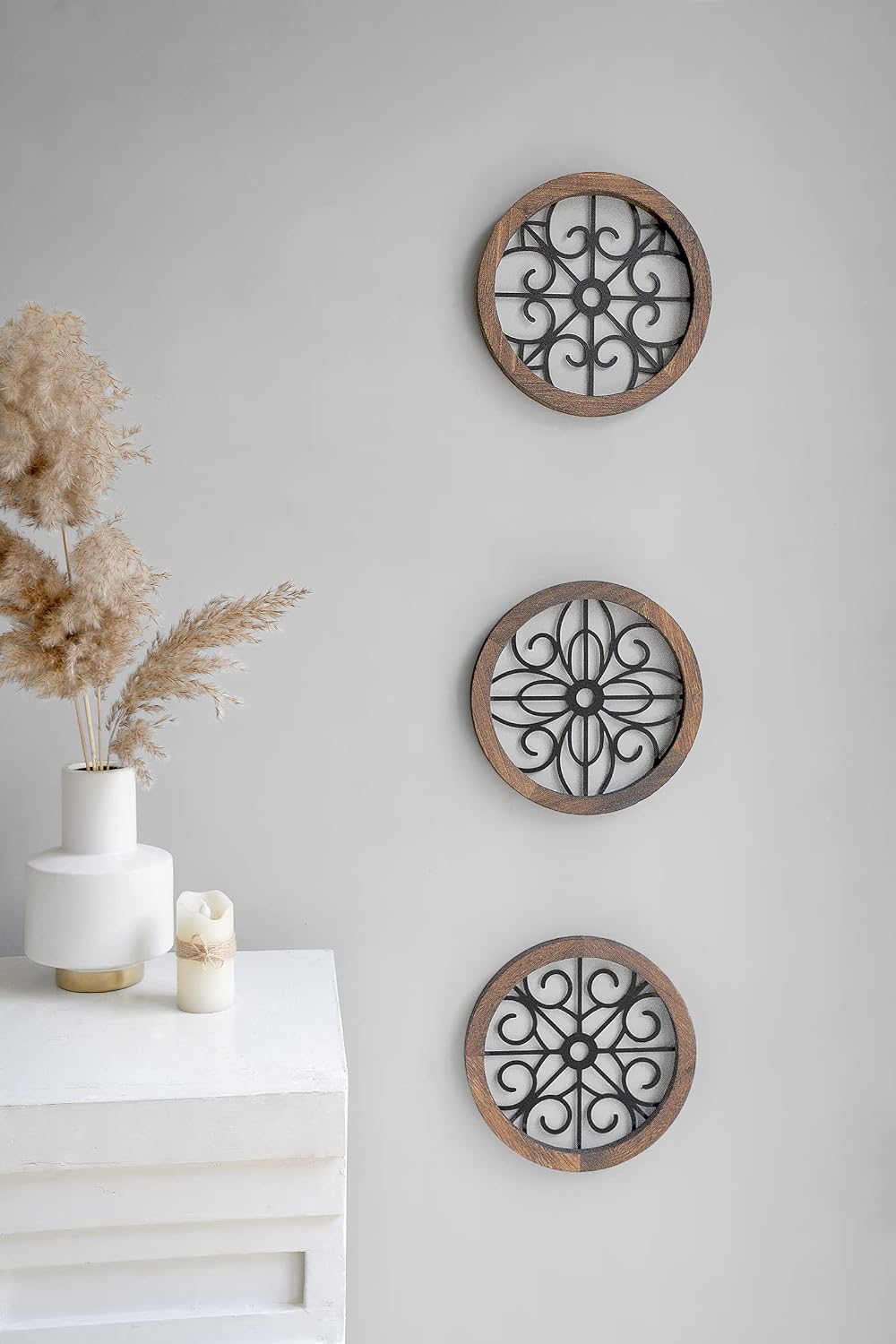 Mkono Thickened Rustic Wall Decor 3 Pack Round Wall Art Geometric Scrolled Metal with Wooden Frame Farmhouse Hanging Decoration for Living Room, Hallway, Bedroom, Home, Dorm, Small Size 9.7” x 9.7"