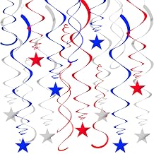 36Pcs Red Blue and Silver Star Swirl Decorations, Plastic Foil Star Swirl Ceiling Hanging Decorations Spiral Streamer Party Supplies for Patriotic 4th of July Independence Day All Kinds of Parties