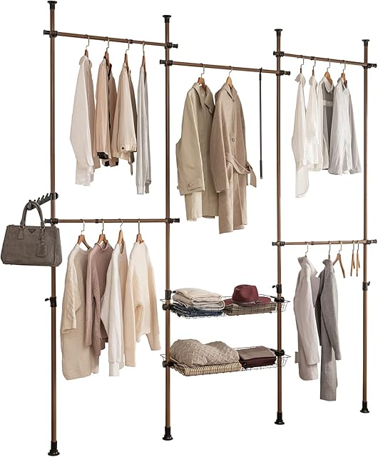SoBuy KLS04-BR, Adjustable Wardrobe Organizer Clothes Shelf System Hanging Rail Telescopic Storage Shelving, Brown