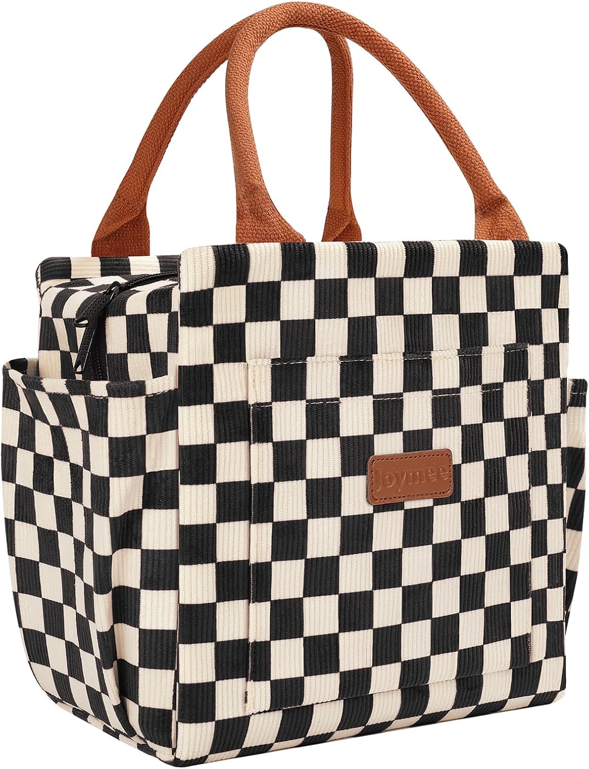 Joymee Lunch Bag Women Insulated Lunch Box Corduroy Checker Reusable Leakproof Large Capacity Lunch Tote Bag for Women Men Adult with Side Pockets and Bottle Holder for Work - Corduroy Checker Black