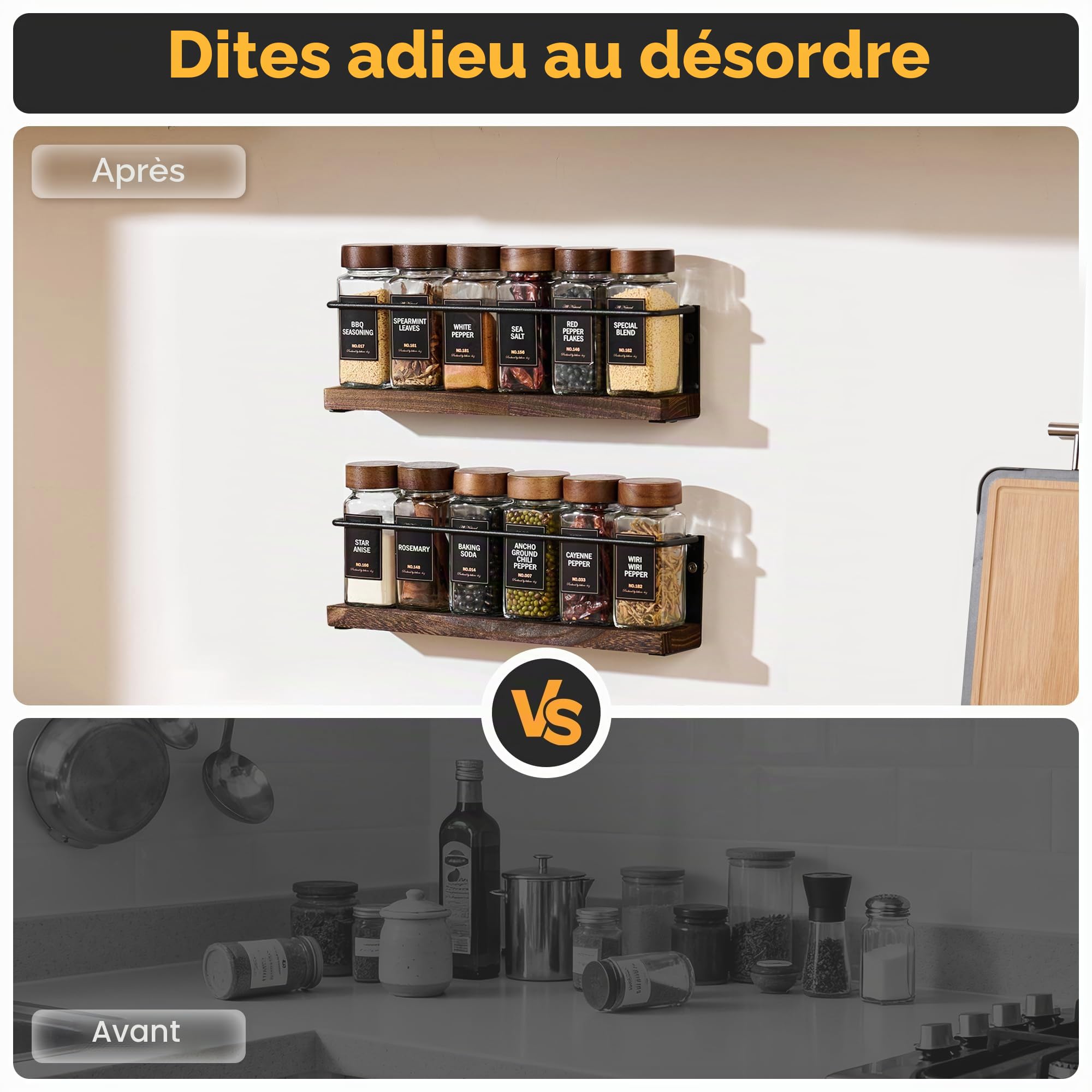 Étagère à épices murale à 2 niveaux avec 12 bocaux en verre, 216 étiquettes et entonnoir – Support à vis/adhésif, rangement à épices en métal noir et bois pour placard de cuisine, garde-manger