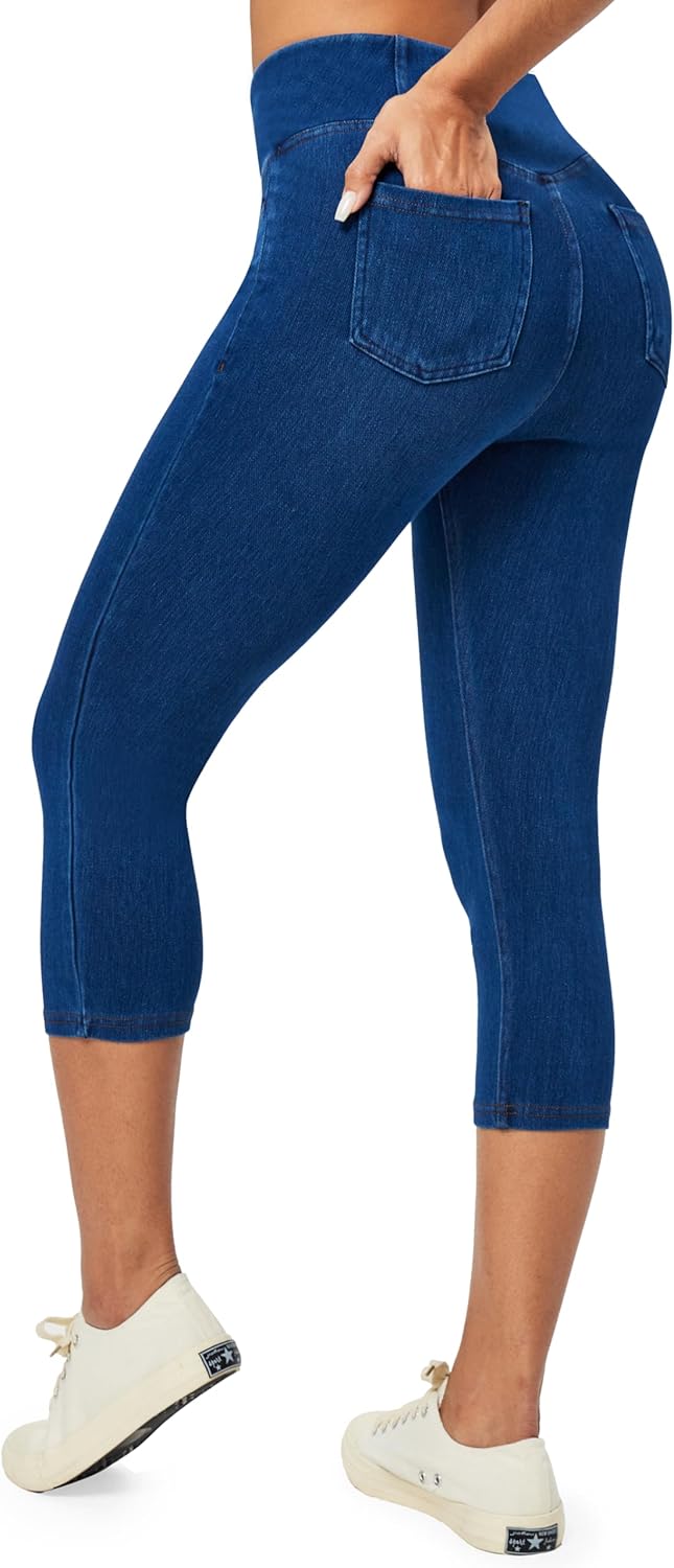 Heathyoga Capri Jeans for Women Stretchy Pull On Jeggings for Women Denim Jean Capris Pants Capri Leggings with Pockets