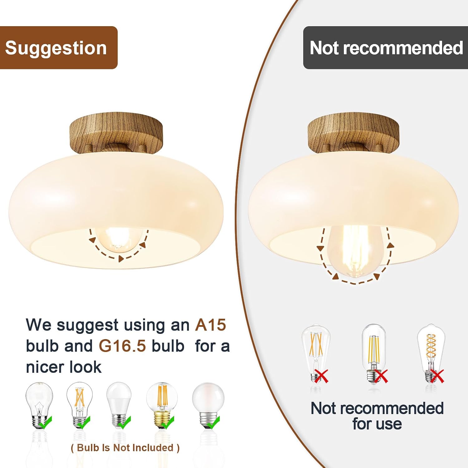 WOKNOS Mid-Century Modern Semi Flush Mount Ceiling Light, Faux Wood Kitchen Ceiling Light Fixture with Glass Shade, Mini White Close to Ceiling Lamp for Entryway Hallway Bathroom (11.0 Inch)